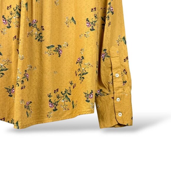 Lucky Brand Blouse Womens Sz L Yellow Floral Manderine Collar1/2 Button LS - Picture 5 of 12